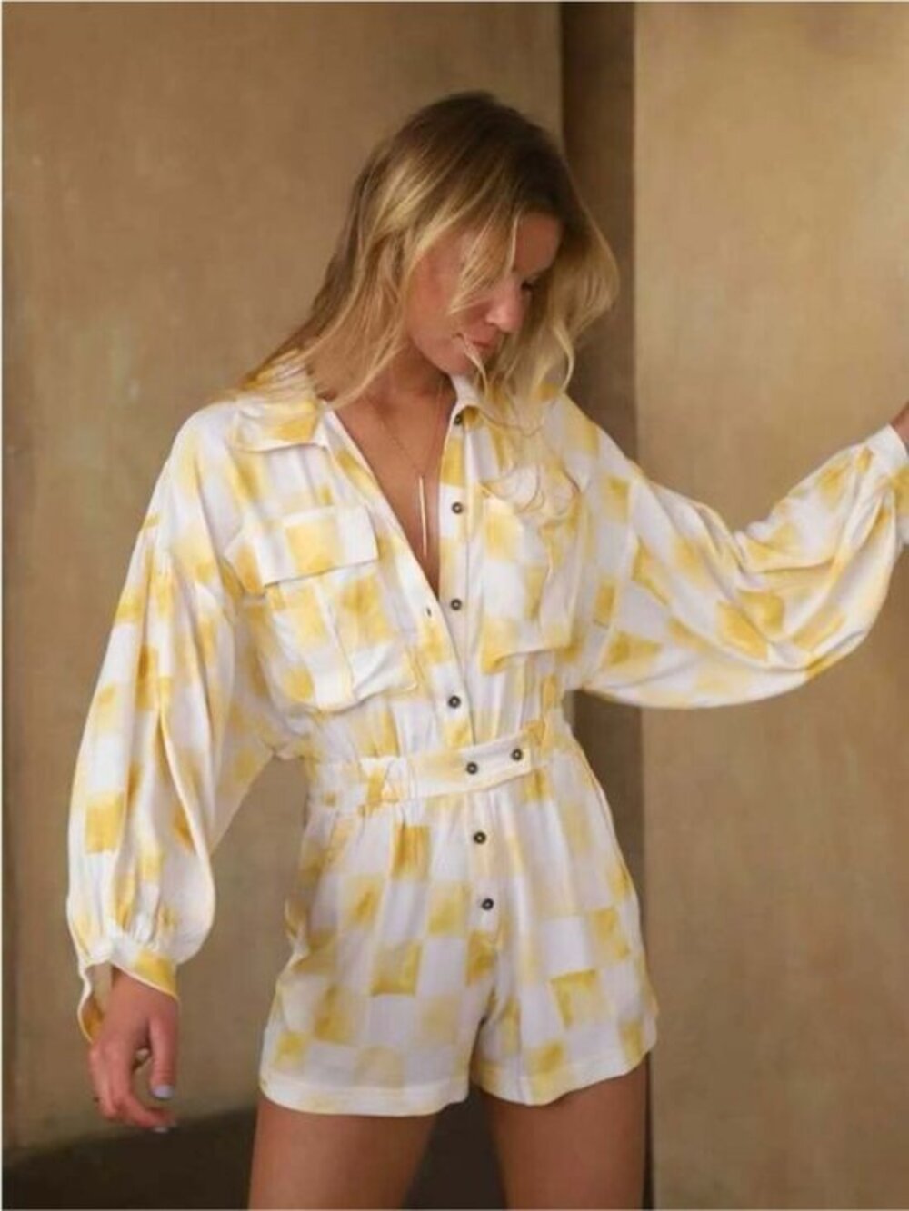 Jen's' Pirate Booty Oceanfront Satisfaction Romper Gold Check size M